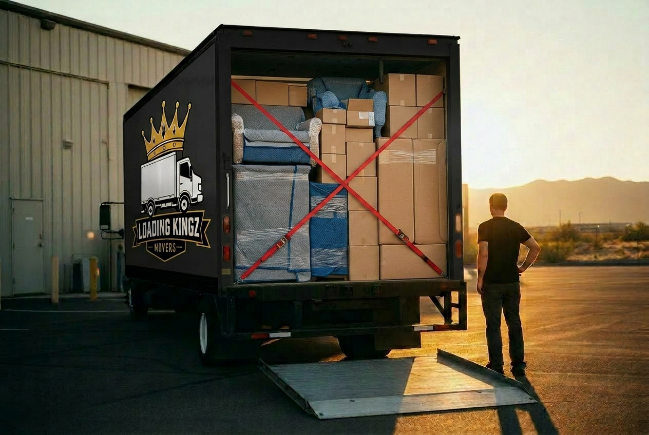 Loading Kingz box truck loaded and strapped at golden hour in Arizona