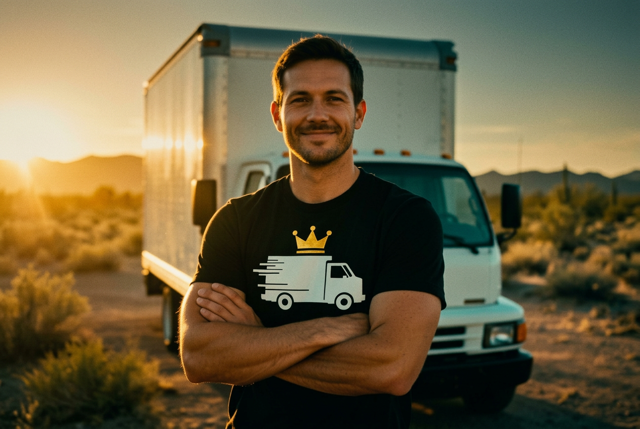 Loading Kingz crew member in branded tee in front of moving truck