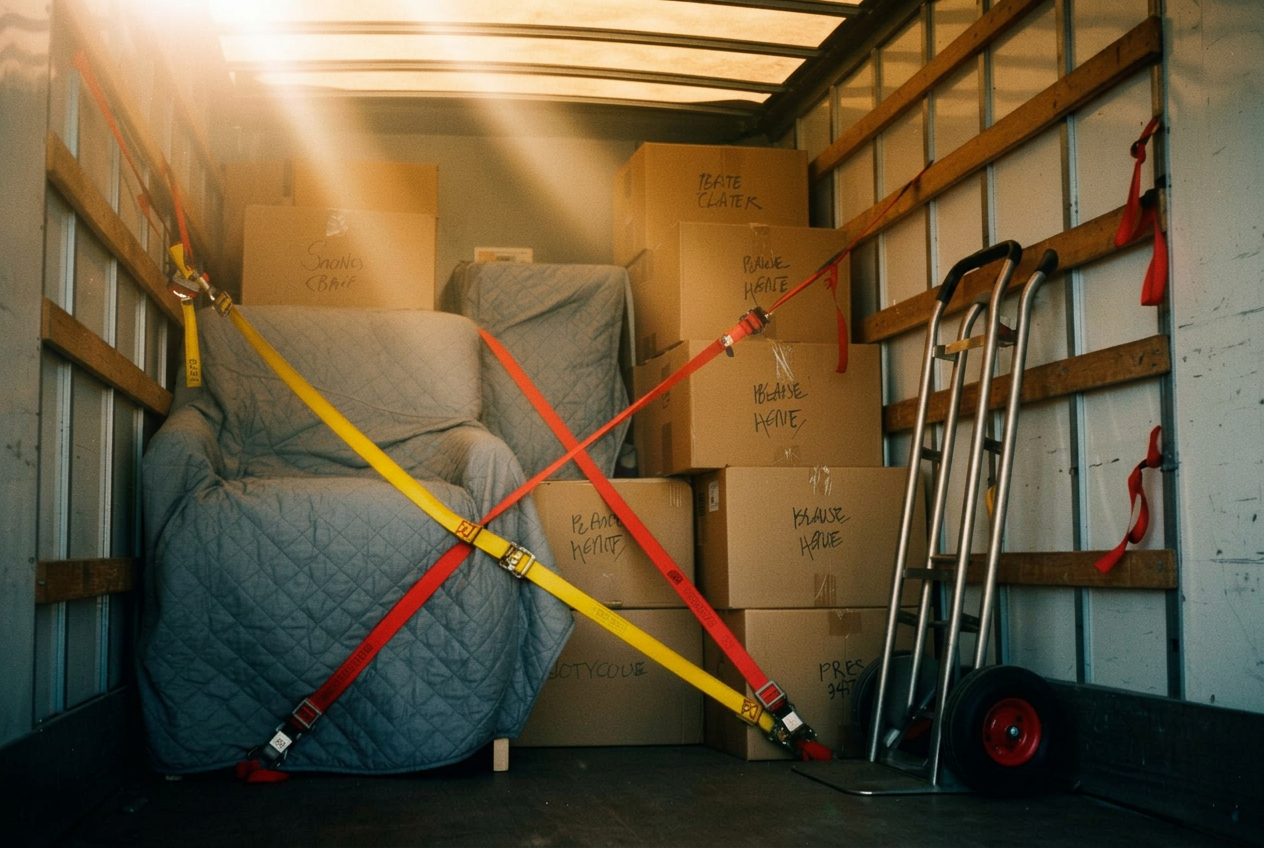Interior of moving truck with blanket-wrapped furniture and ratchet-strapped boxes